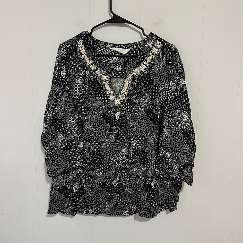 Magnolia Grace Womens 2X Black White Floral Patchwork Embroidered V-Neck Blouse